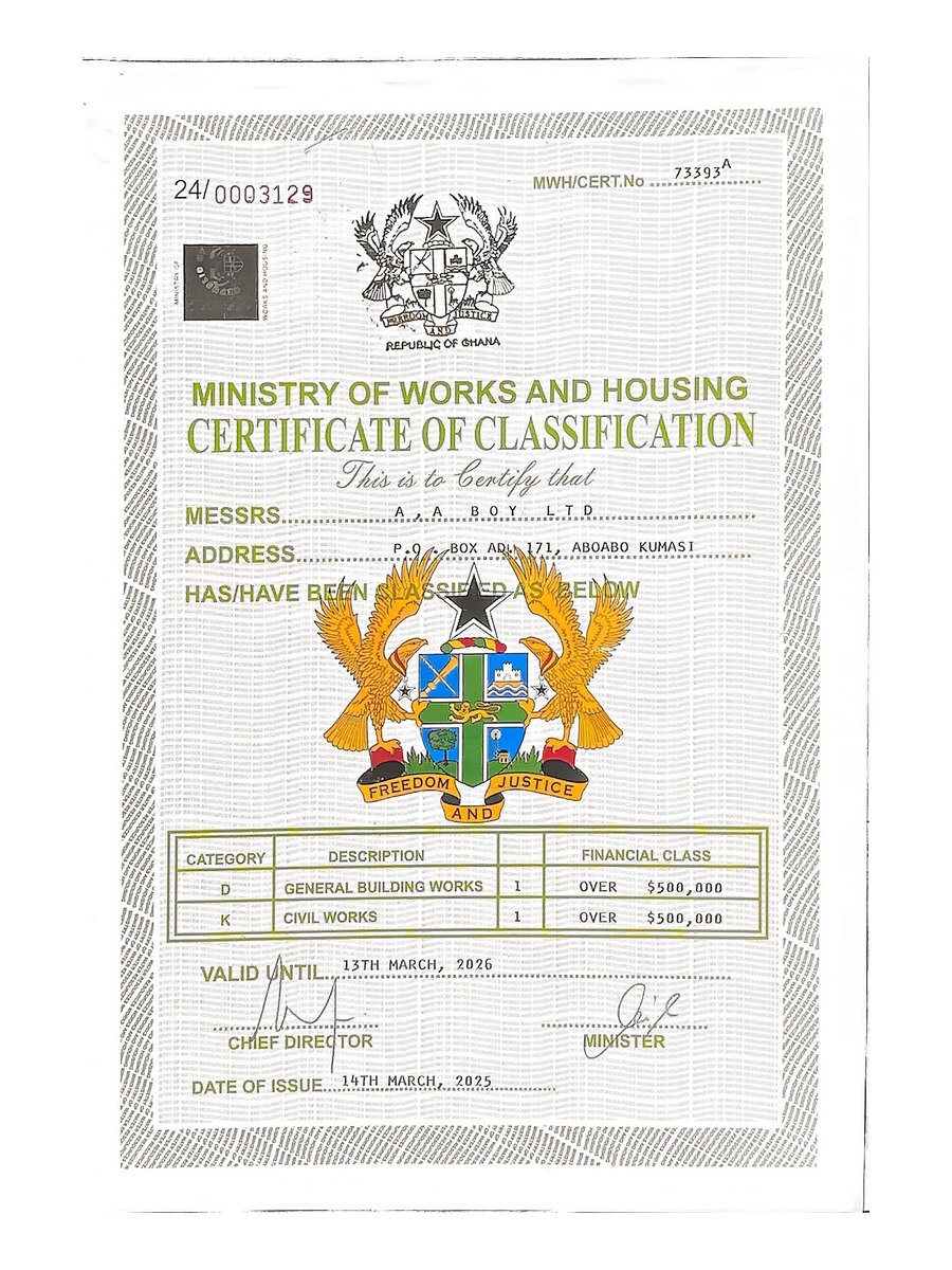 MWH Classification Certificate